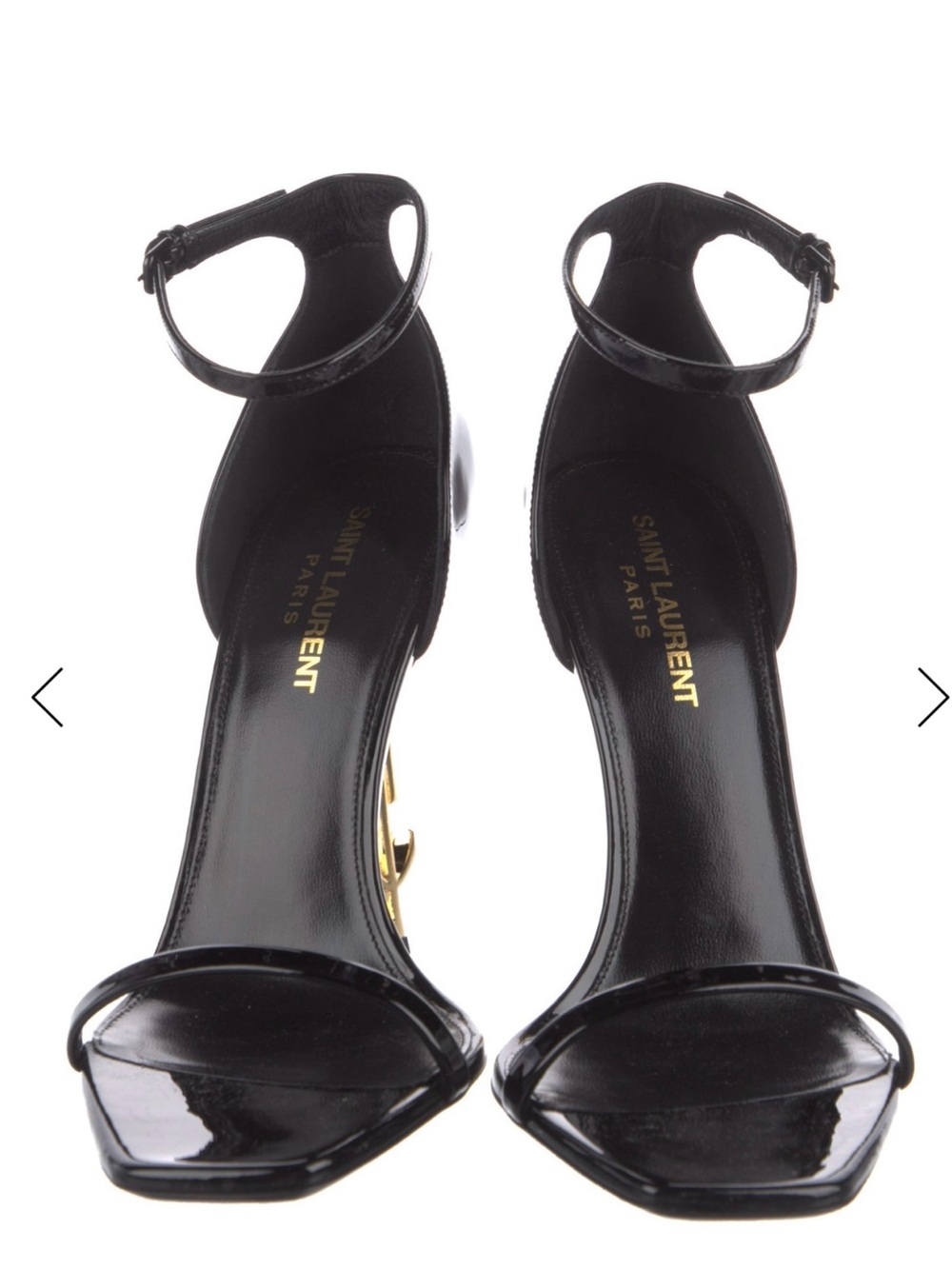 Saint Laurent Black Patent Leather Ankle-Strap Heels with Gold Logo Heel